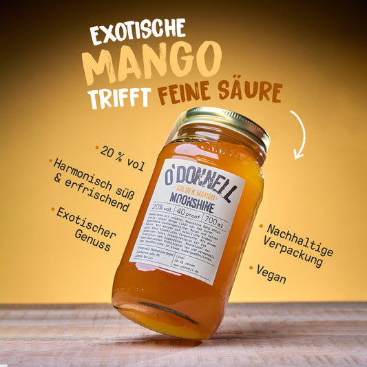 Ein O'Donnell Moonshine-Glas mit der Aufschrift „Mango Liquor“ und USP-Angaben rundherum sowie einer Überschrift.