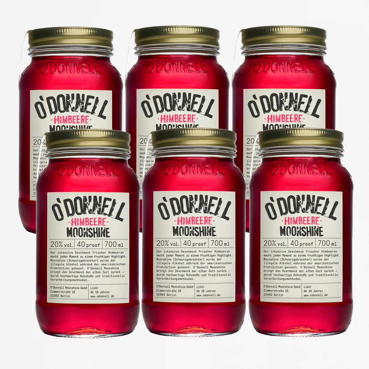 O’Donnell Moonshine Himbeere 20% vol. – 6er Bundle im 700ml Mason Jar
