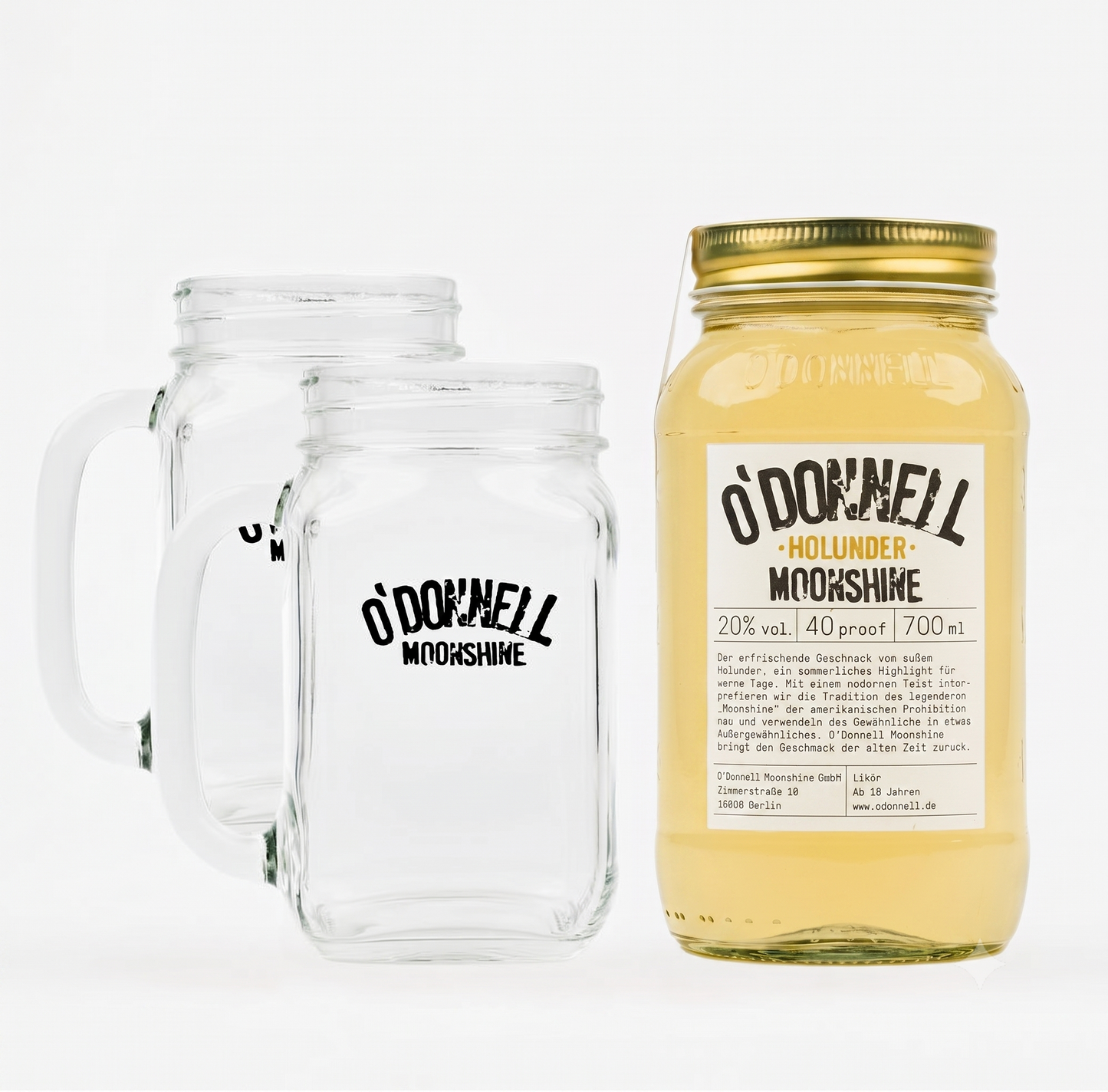Das Produktbild des O'Donnell Moonshine 700ml Holunder Mason Jar mit 20% vol, in einem Set zwei Henkelglässern.
