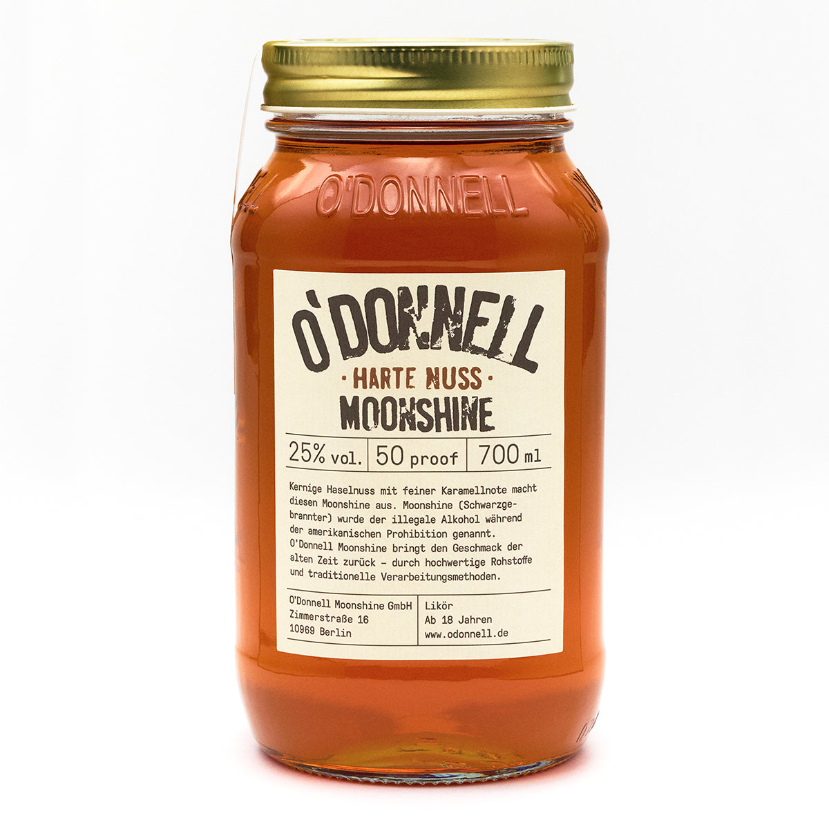 O'Donnell Moonshine Harte Nuss 700ml auf weißem Hintergrund