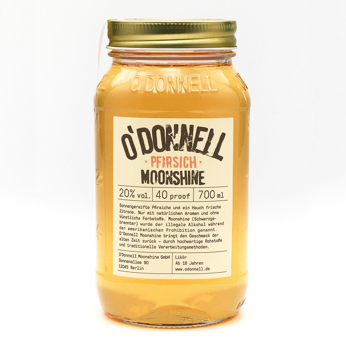 O'Donnell Moonshine Pfirsich 700ml auf weißem Hintergrund