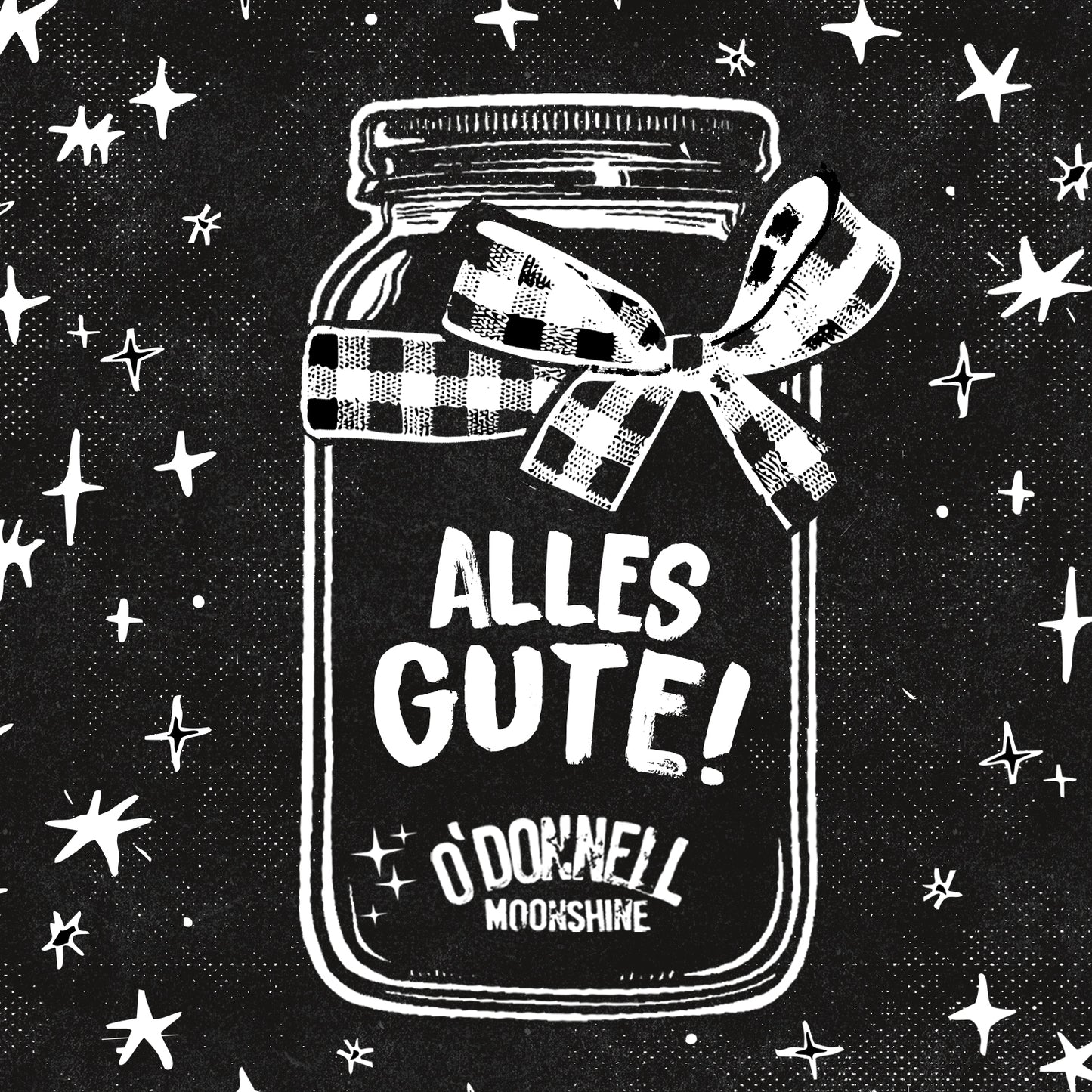 Animation eines O'Donnell Moonshine-Glases mit Weihnachtsdekoration und einem Text im Glas mit der Aufschrift „Alles Gute“