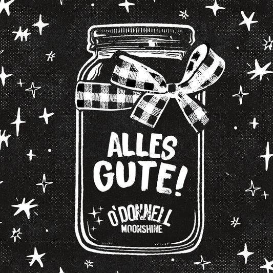 Animation eines O'Donnell Moonshine-Glases mit Weihnachtsdekoration und einem Text im Glas mit der Aufschrift „Alles Gute“