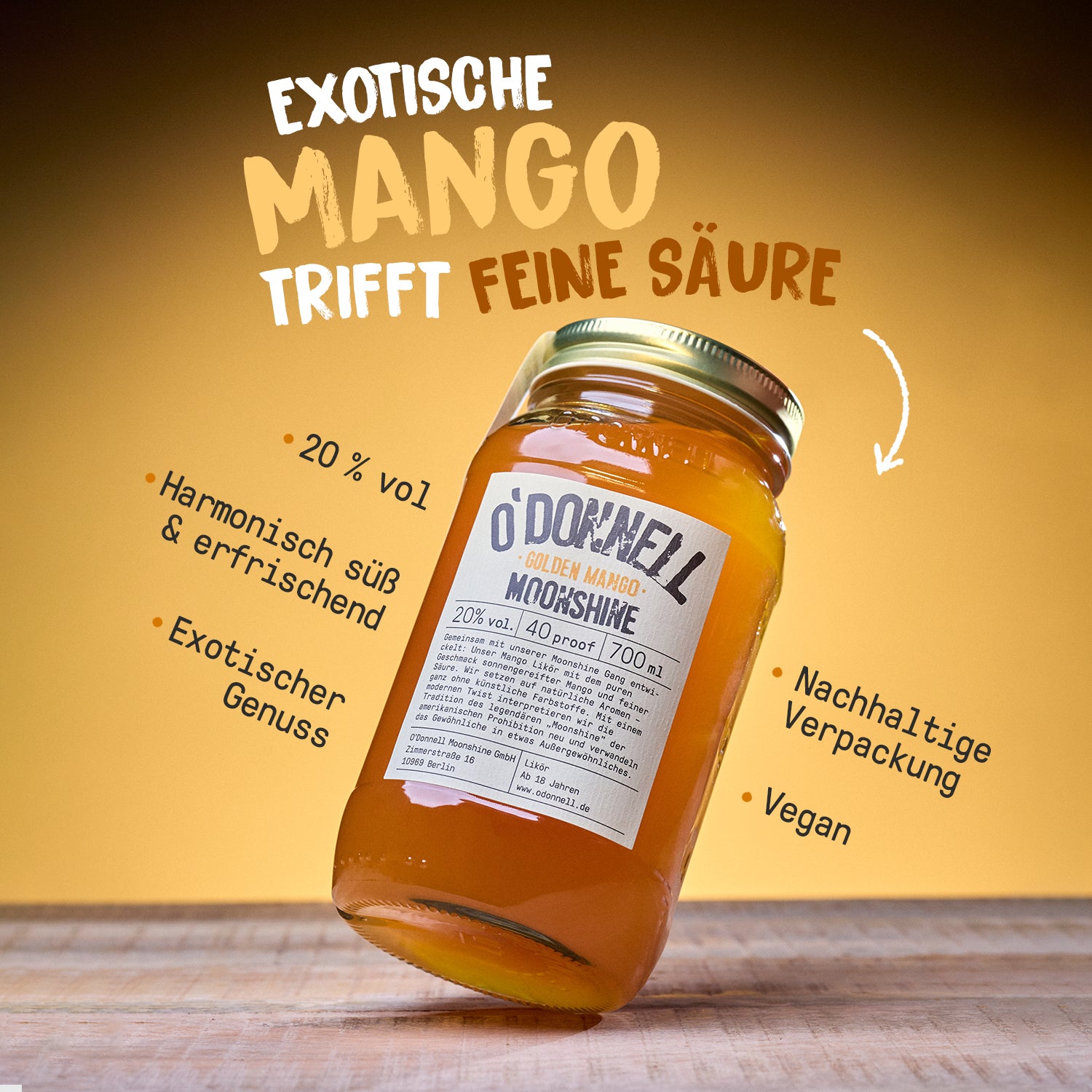 Ein O'Donnell Moonshine-Glas mit der Aufschrift „Mango Liquor“ und USP-Angaben rundherum sowie einer Überschrift.