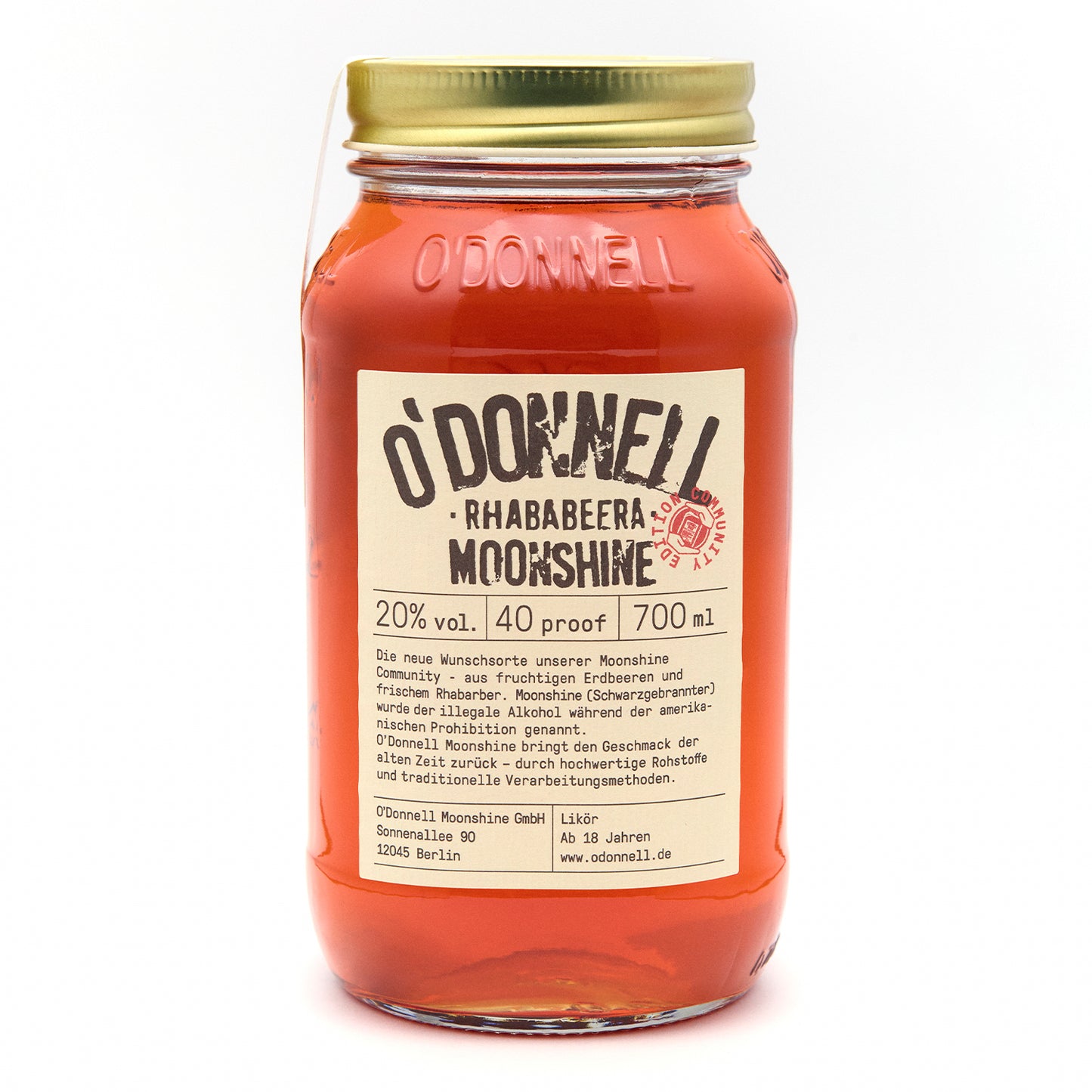 O'Donnell Rhababeera 700ml Moonshine auf weißem Hintergrund