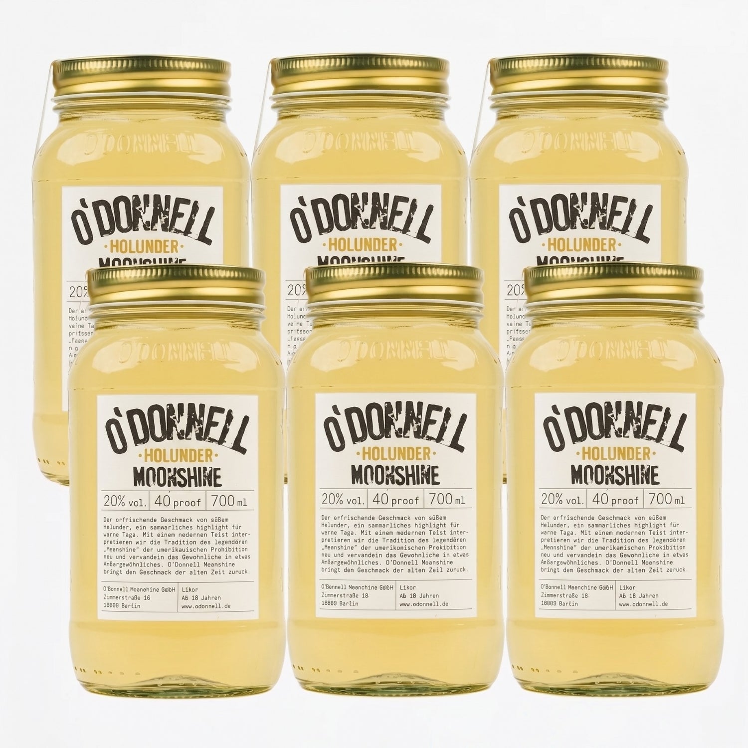 Das Produktbild des 6er Bundle vom O'Donnell Moonshine 700ml Holunder Mason Jar mit 20% vol.