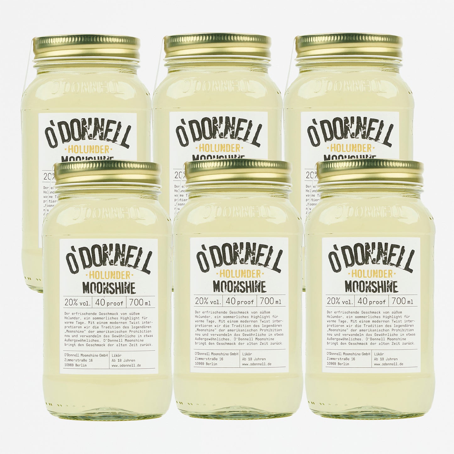 Das Produktbild des 6er Bundle vom O'Donnell Moonshine 700ml Holunder Mason Jar mit 20% vol.