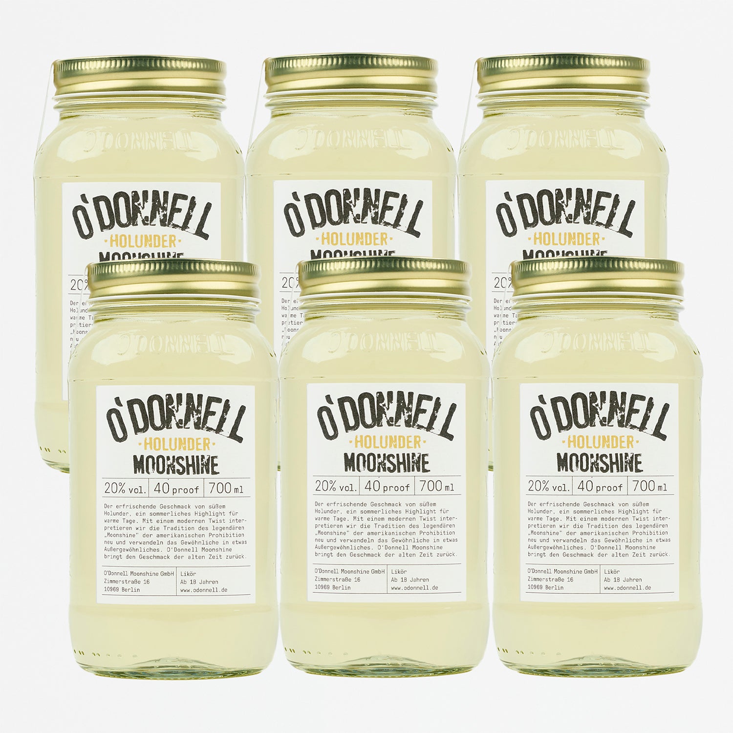 Das Produktbild des 6er Bundle vom O'Donnell Moonshine 700ml Holunder Mason Jar mit 20% vol.