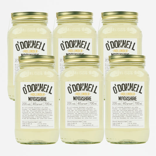 Das Produktbild des 6er Bundle vom O'Donnell Moonshine 700ml Holunder Mason Jar mit 20% vol.
