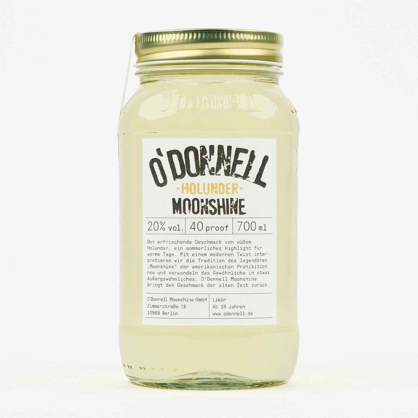 Das Produktbild des O'Donnell Moonshine 700ml Holunder Mason Jar mit 20% vol.