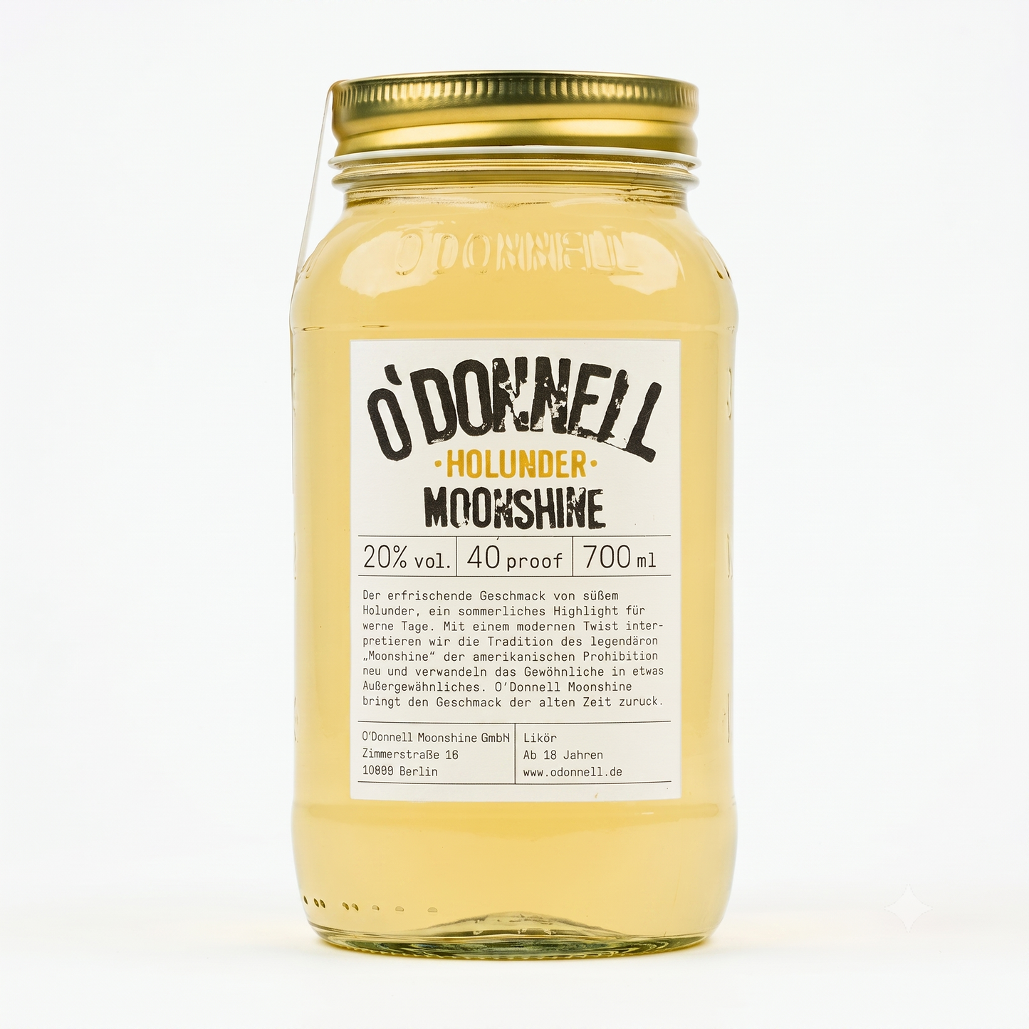 Das Produktbild des O'Donnell Moonshine 700ml Holunder Mason Jar mit 20% vol.