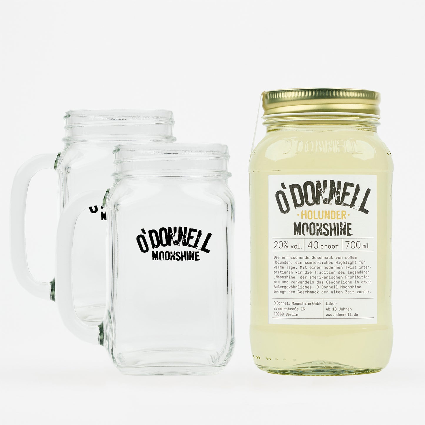 Das Produktbild des O'Donnell Moonshine 700ml Holunder Mason Jar mit 20% vol, in einem Set zwei Henkelglässern.
