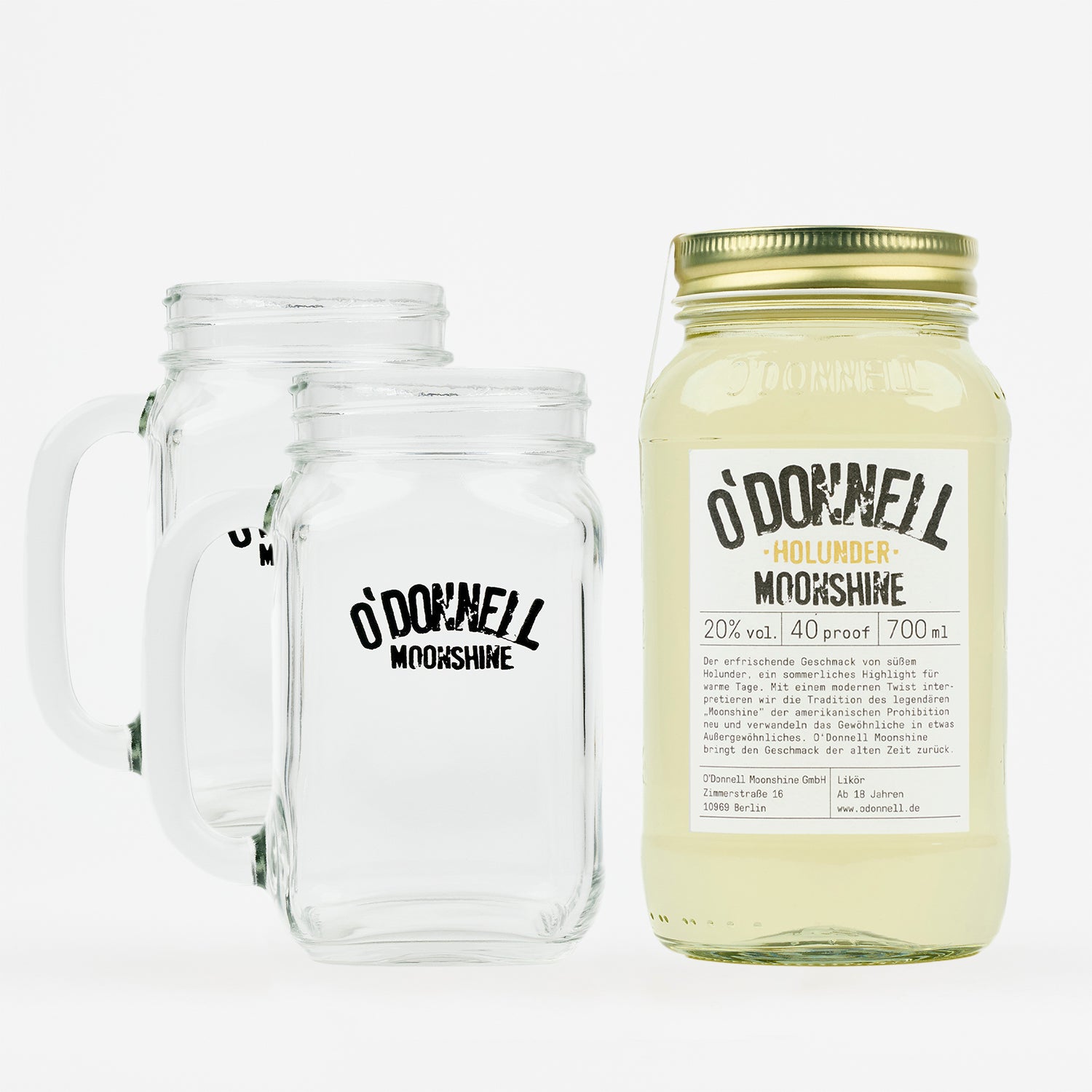Das Produktbild des O'Donnell Moonshine 700ml Holunder Mason Jar mit 20% vol, in einem Set zwei Henkelglässern.